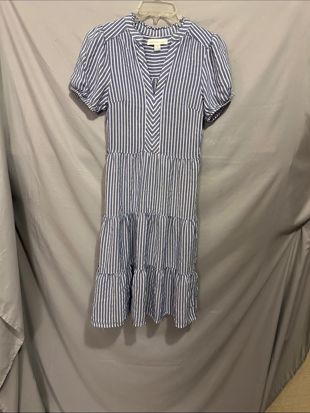 Monteau Blue and White Striped Tiered Dress